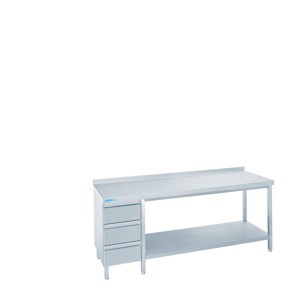 Arbeitstisch mit Zwischenboden und Schubladenblock links -Tiefe 600mm- Tischpl, hinten auf
