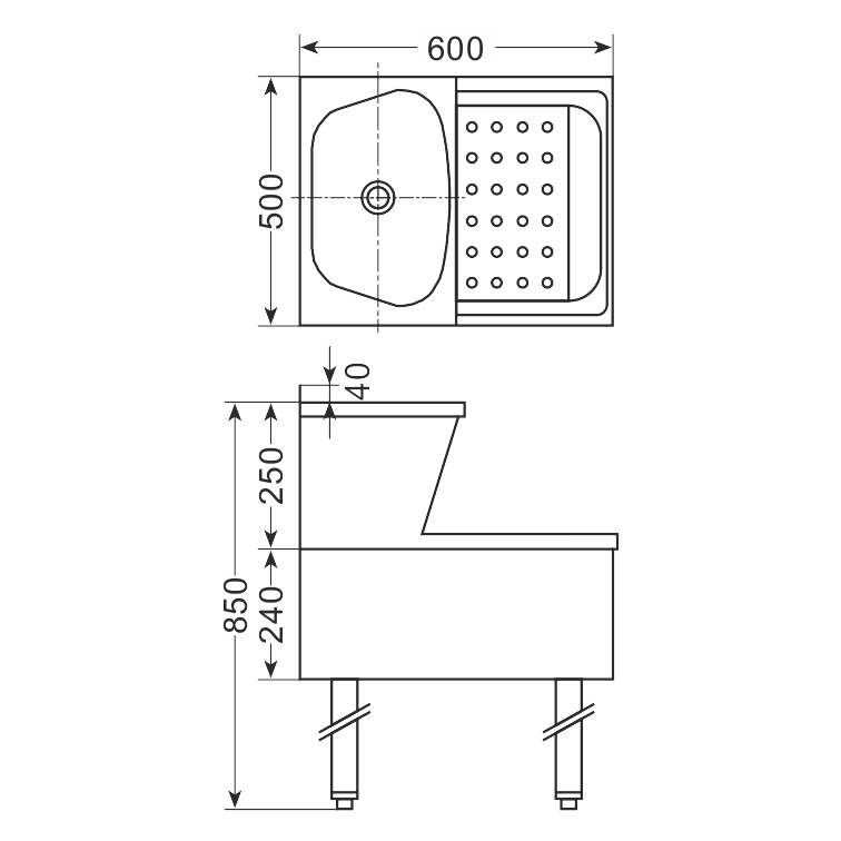 Ausguss-Handwasch-Kombination -Tiefe 600mm Länge 500mm Höhe 850mm Standausführung und Wandausführung