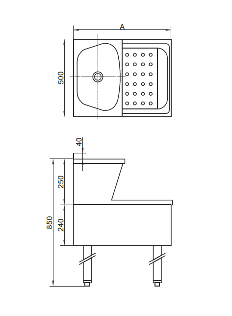 Ausguss-Handwasch-Kombination -Tiefe 600mm Länge 500mm Höhe 850mm Standausführung und Wandausführung