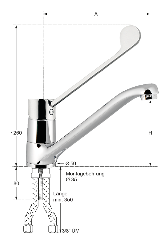 Einloch-Mischbatterie 1/2’’, Hochdruck
