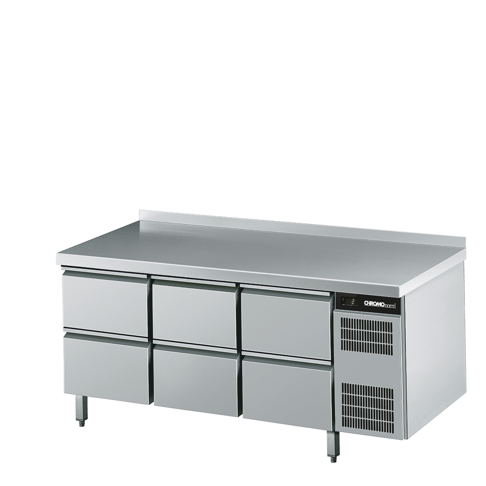 Kühltisch GN 1/1, 6 Schubladen, mit Tischpl, hinten auf, Steckerfertig